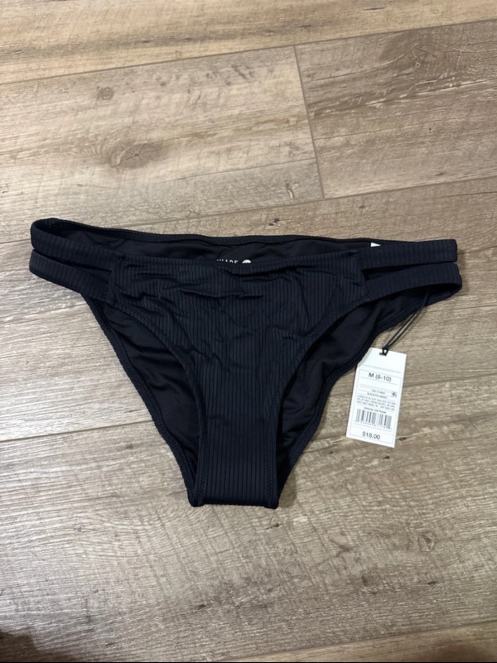 Shade & Shore Black Ribbed Double-Strap Bikini Bottom